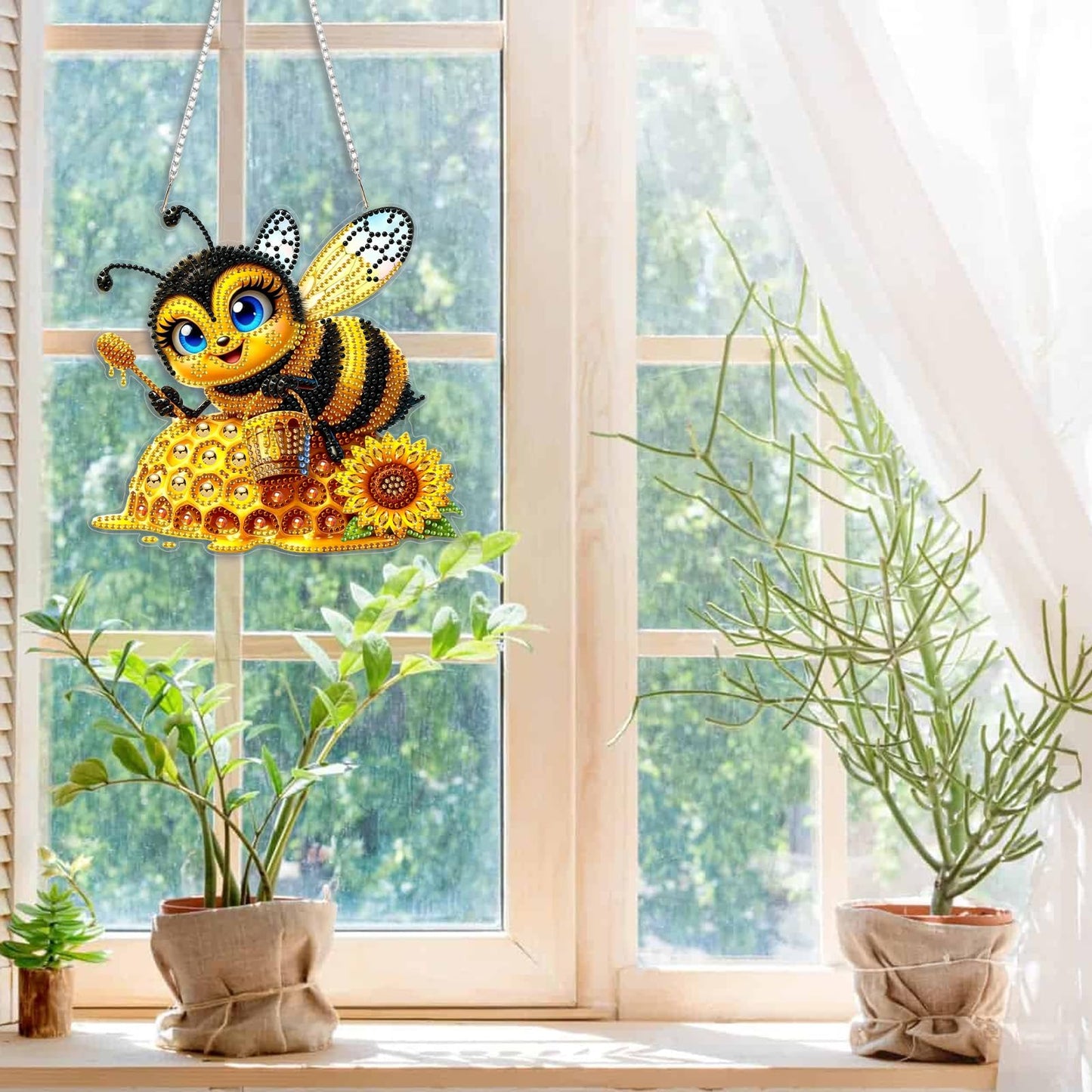 CEOVR Bee Hanging Diamond Art for Adults, Bee Honey Diamond Painting Pendant DIY Gem Art Wall Hanging Ornament, Acrylic Home Garden Decor with Chain, Box Kit 7.77×7.3inch
