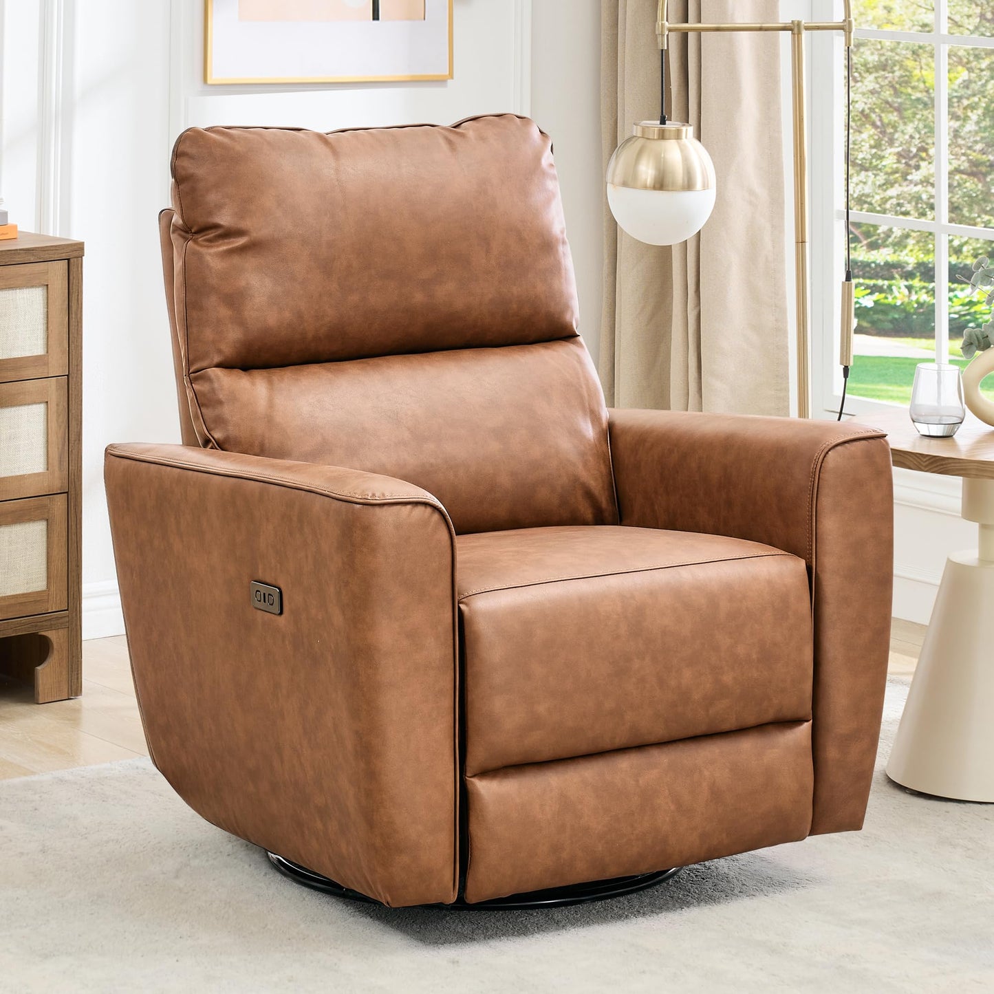 GarveeHome Power Recliner Chair, 270° Swivel Rocking Glider with USB Charging Port, PU Leather Upholstered Fabric, Ergonomic Modern Nursery Chair for Living Room, Bedroom, Nursery (Brown)