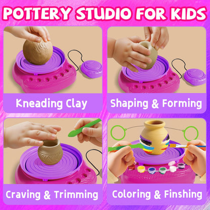 Vinkp Pottery Wheel for Kids - Complete Pottery Painting Kit Arts and Crafts for Kids Ages 8-12 with Air Dry Clay Art Supplies for Girls Boys Toys Birthday Gifts for 6 7 8 9 10 11 12 - Pink