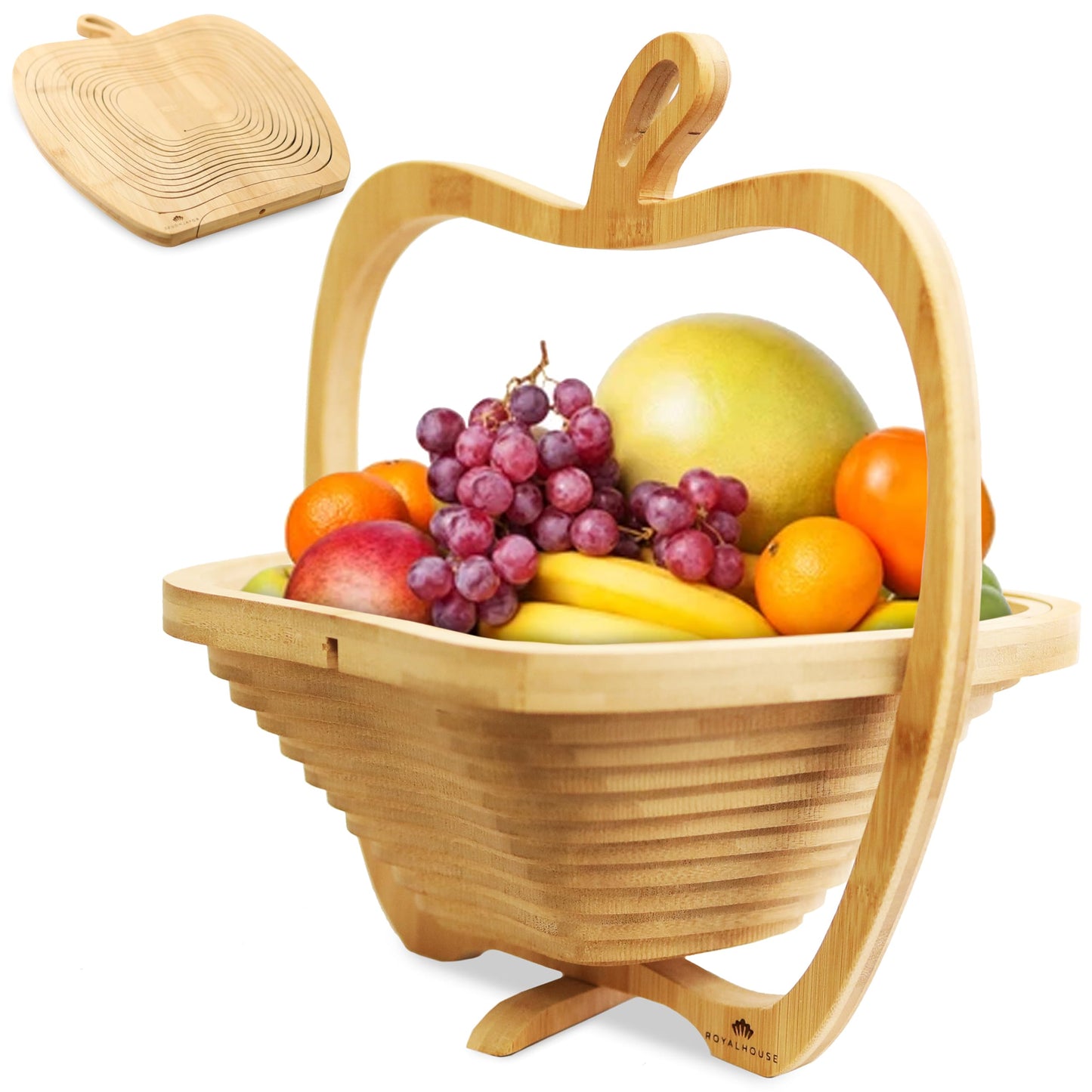 RoyalHouse Bamboo Foldable Fruit Bowl Apple Shape,12“x10.5"- Collapsible, Fruit & Vegetable Storage For Kitchen Countertop, Bamboo Fruit Basket, Tabletop Fruit Serving Bowl
