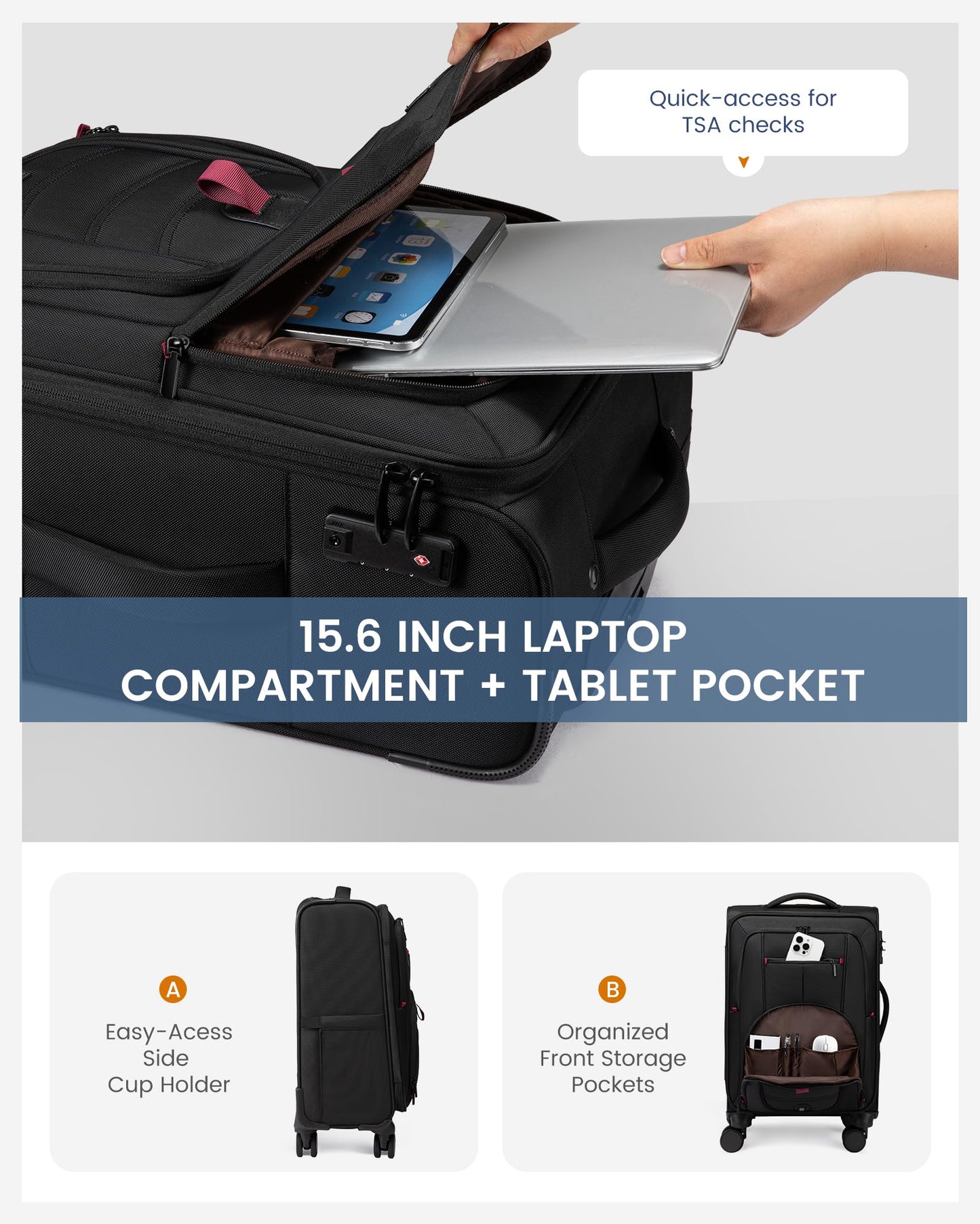 LOVEVOOK 3-Piece Set(22/24/28) Softside Luggage Suitcase with 15.6 Inch Laptop Compartment, Suitcase with Spinner Wheels, Large Capacity Luggage with TSA Lock for Business &Family Trip Travel, Black