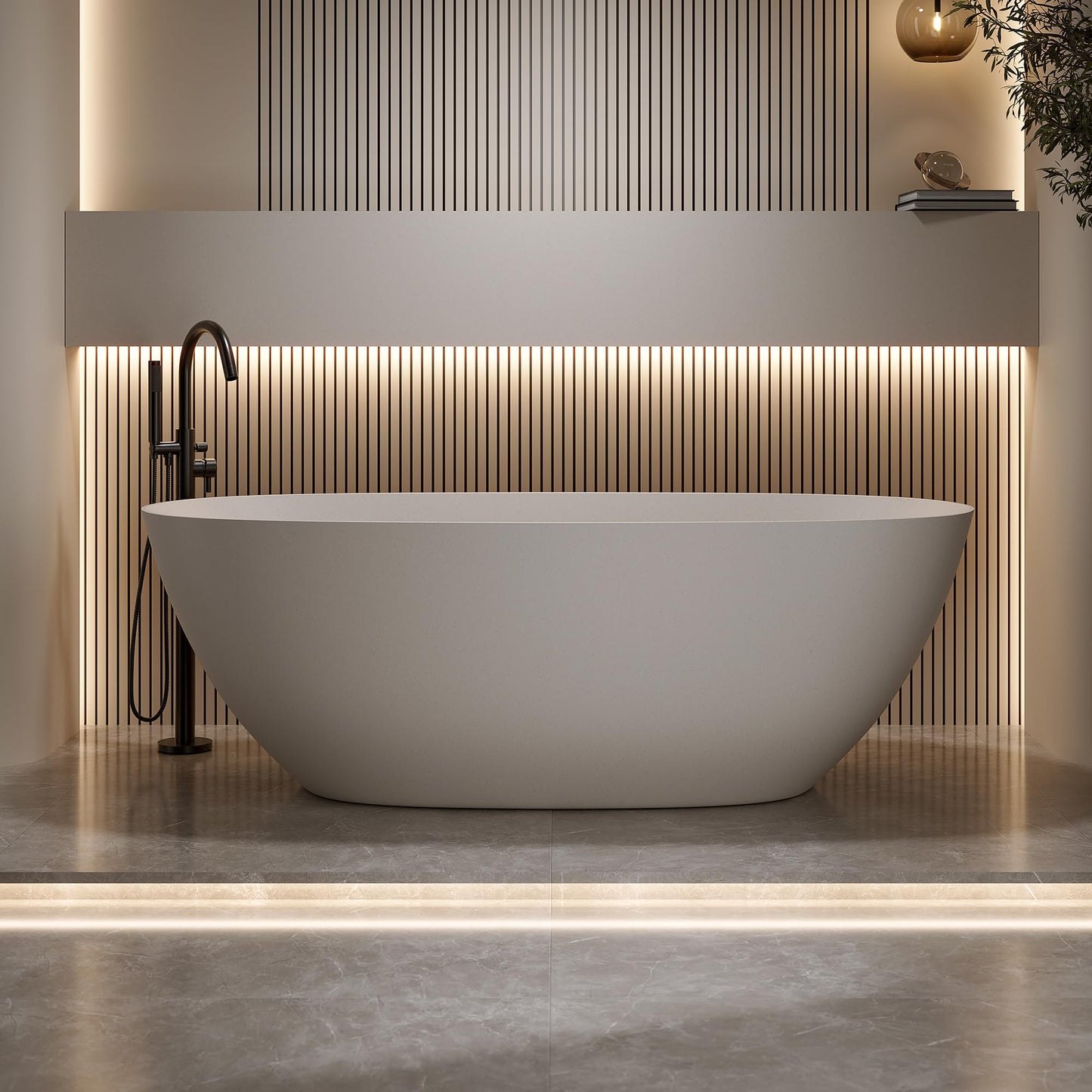 KEIKI 69" Freestanding Bathtub, Resin Stone Soaking Bathtub Solid Surface Modern Tubs with Overflow and Pop-up Drain, Beige
