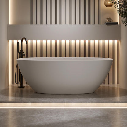 KEIKI 69" Freestanding Bathtub, Resin Stone Soaking Bathtub Solid Surface Modern Tubs with Overflow and Pop-up Drain, Beige