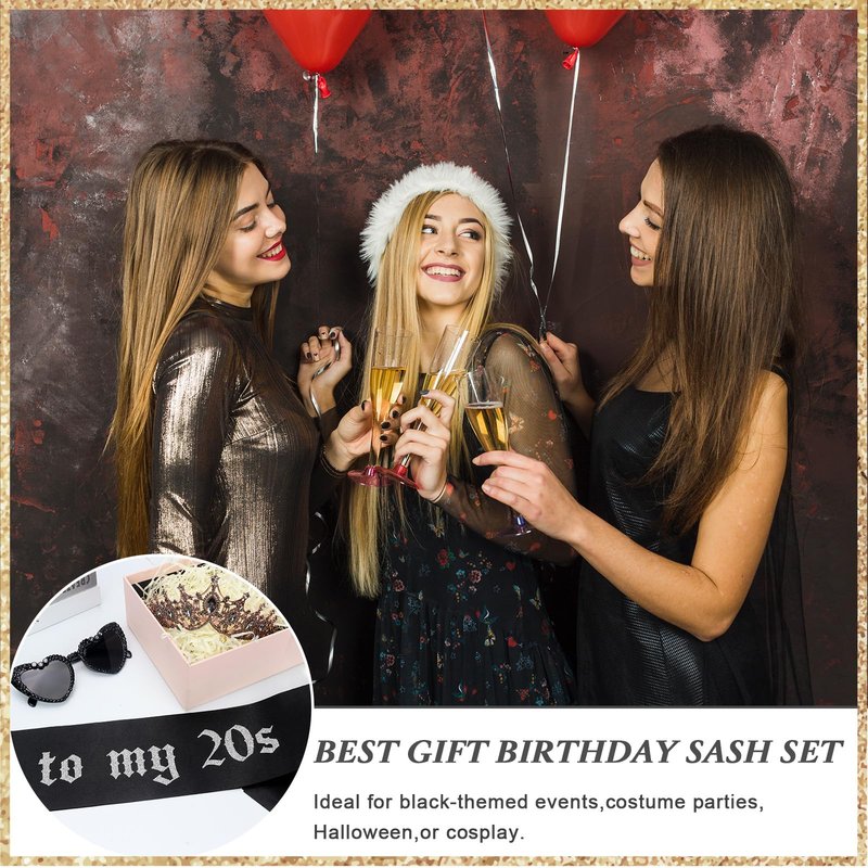 Rip To My 20s Sash And Crown with Sunglasses Set Black Birthday Sash Bronze Gold Crown Birthday Party Accessories for Women 30th Birthdays Glitter Party Favors (Sash&Crown&Sunglasses)