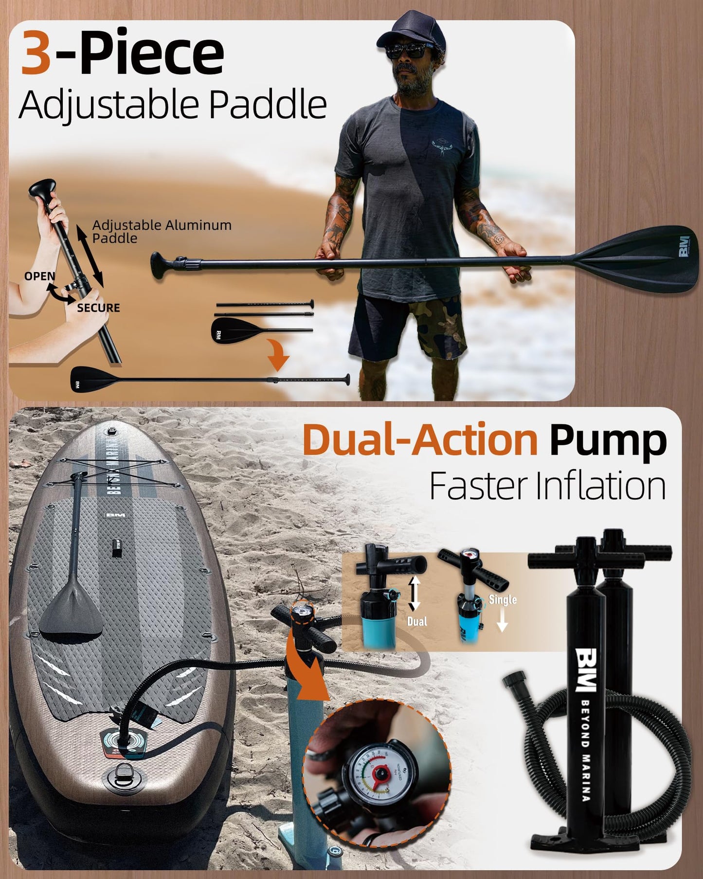 BM Paddle Board Inflatable Stand Up Paddle Board, SUP Paddleboard for Adult, Premium Accessories | Non-Slip EVA Deck & Foam Handles, Camera Mount, Double Action Pump, 85L Travel Backpack, Teak
