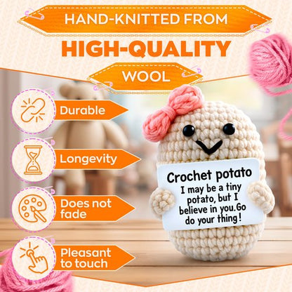 Crochet Potato Desk Figurine Ribbon & Motivational Card - 3.14x2.36" Handmade Mini Plush Decor Gift for Women, Coworker, Teacher, Friend | Office Shelf Accent - Great as Graduation Gift for Daughter