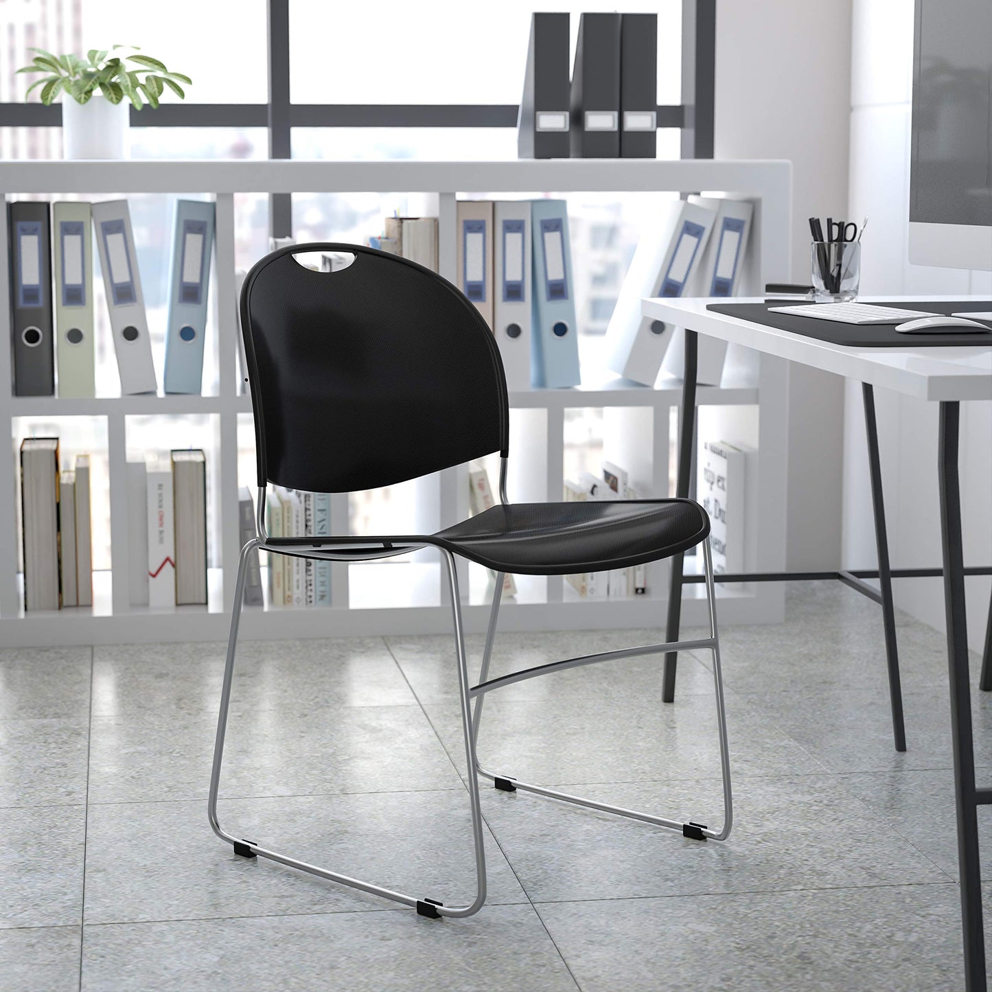 Flash Furniture 5 Pack HERCULES Series 880 lb. Capacity Black Ultra-Compact Stack Chair with Chrome Frame