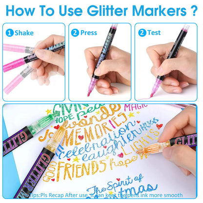 Celepen Glitter Marker Pens, 12 Colors Metallic Shimmer Glitter Markers Paint Pens, Glitter Art Marker for Adults DIY Crafts Greeting Birthday Cards Making Poster Album Scrapbooking Wood