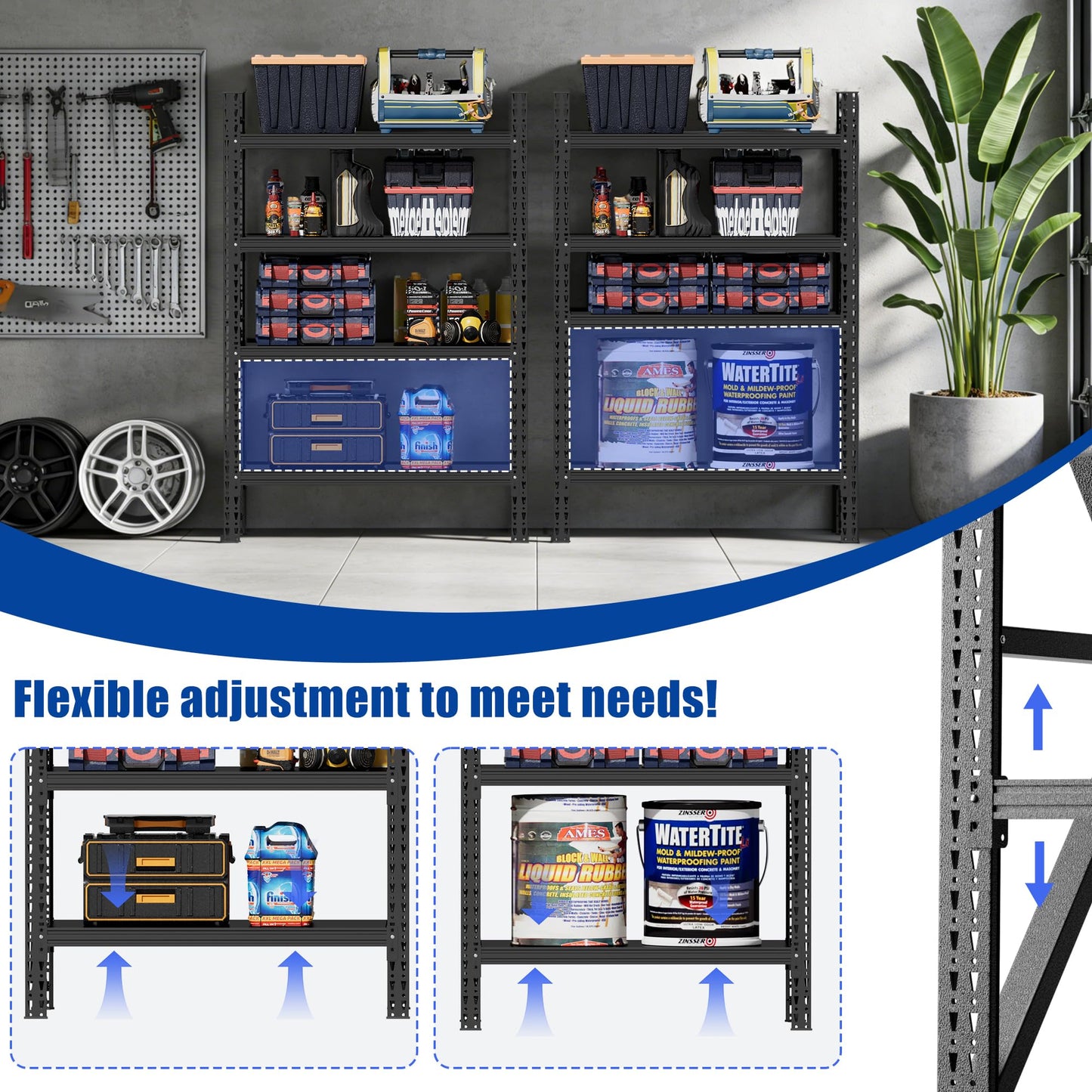 WZONICE98 Heavy Duty Metal Adjustable Garage Shelves 69" H x 47" W Industrial Shelving Unit 4000LBS Capacity Steel Storage Rack for Warehouse Black