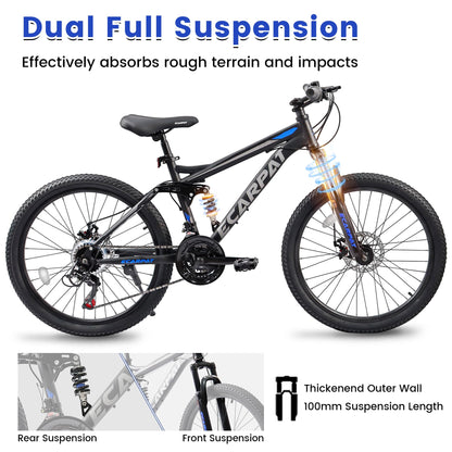 KIAPALNO 26 Inch Mountain Bike, Dual Full Suspension 21 Speed Womens Mens Mountain Bikes, Commuter Bike with Carbon Steel Frame and Dual Disc Brakes