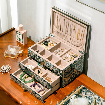 Homruilink High End Glass Jewelry Box, 3 Layer Jewelry Organizer,Velvet-Lined Case For Ring, Necklace, Earring, Bracelet Storage, Ideal Gift (Emerald)