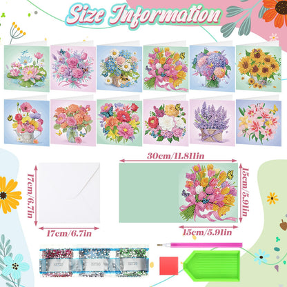 Saillong 12 Pack Flower Diamond Painting Greeting Card Kits DIY Pastel Floral Diamond Art Cards with Envelopes Flower 5D Rhinestones Paint Card for Adults DIY Craft Family Friend Birthday Gifts