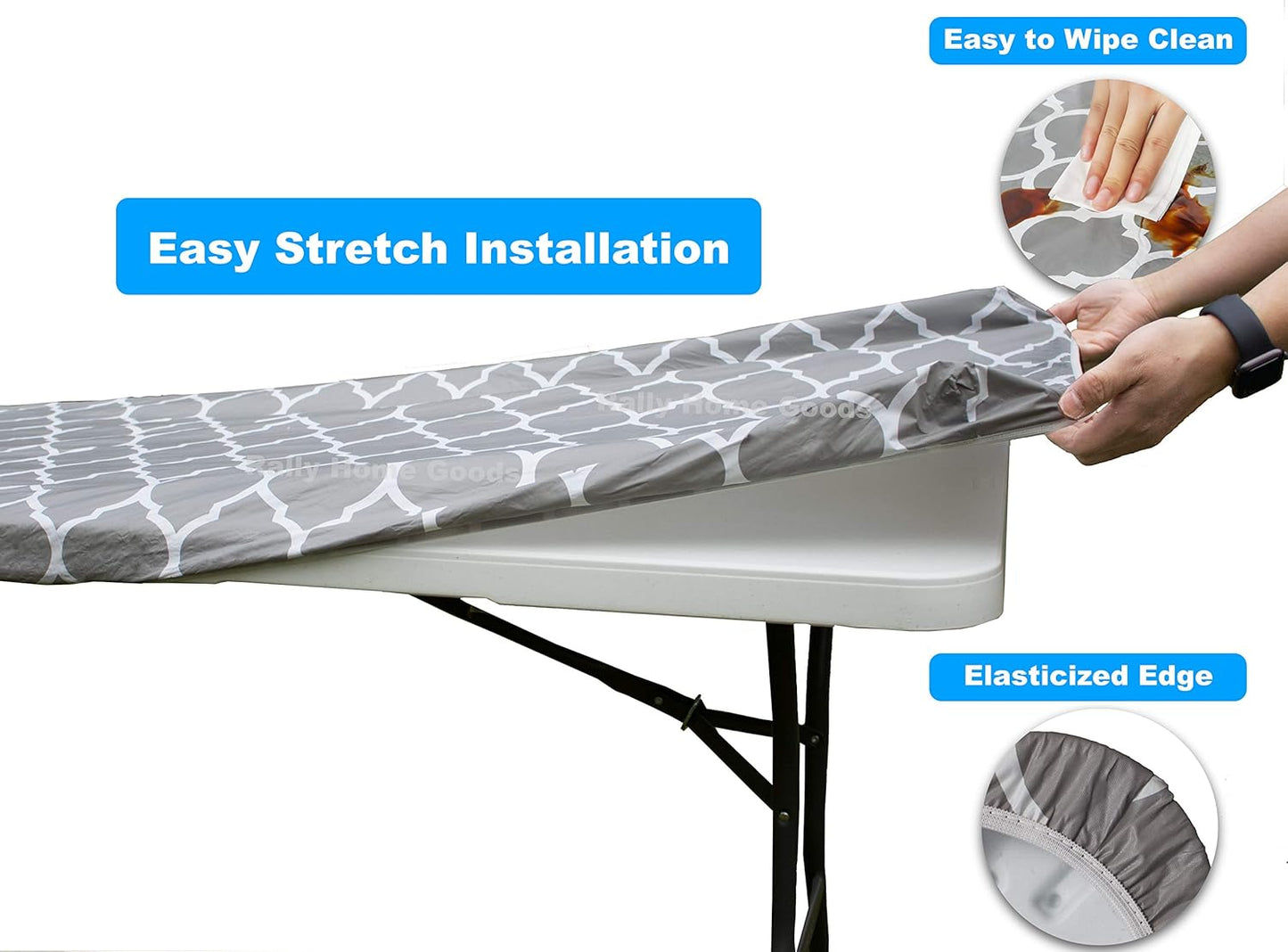 Rally Home Goods Outdoor Fitted Vinyl Tablecloth, Waterproof Wipeable Cover for 6 FT Table, Gray Trellis Pattern