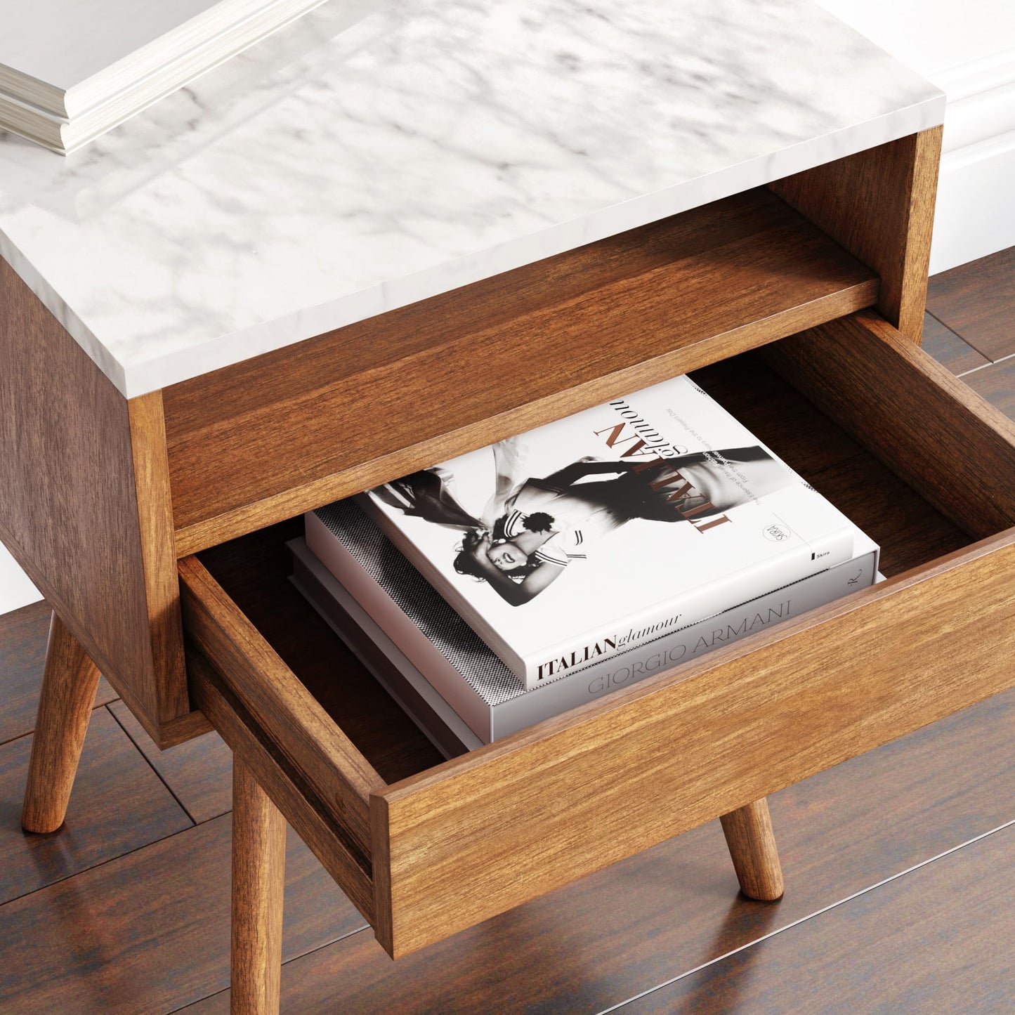 Nathan James Mid-Century James Faux White Marble Accent Side or End Table with Walnut Finish and Marble Table-top with Storage, White/Brown, Set of 2