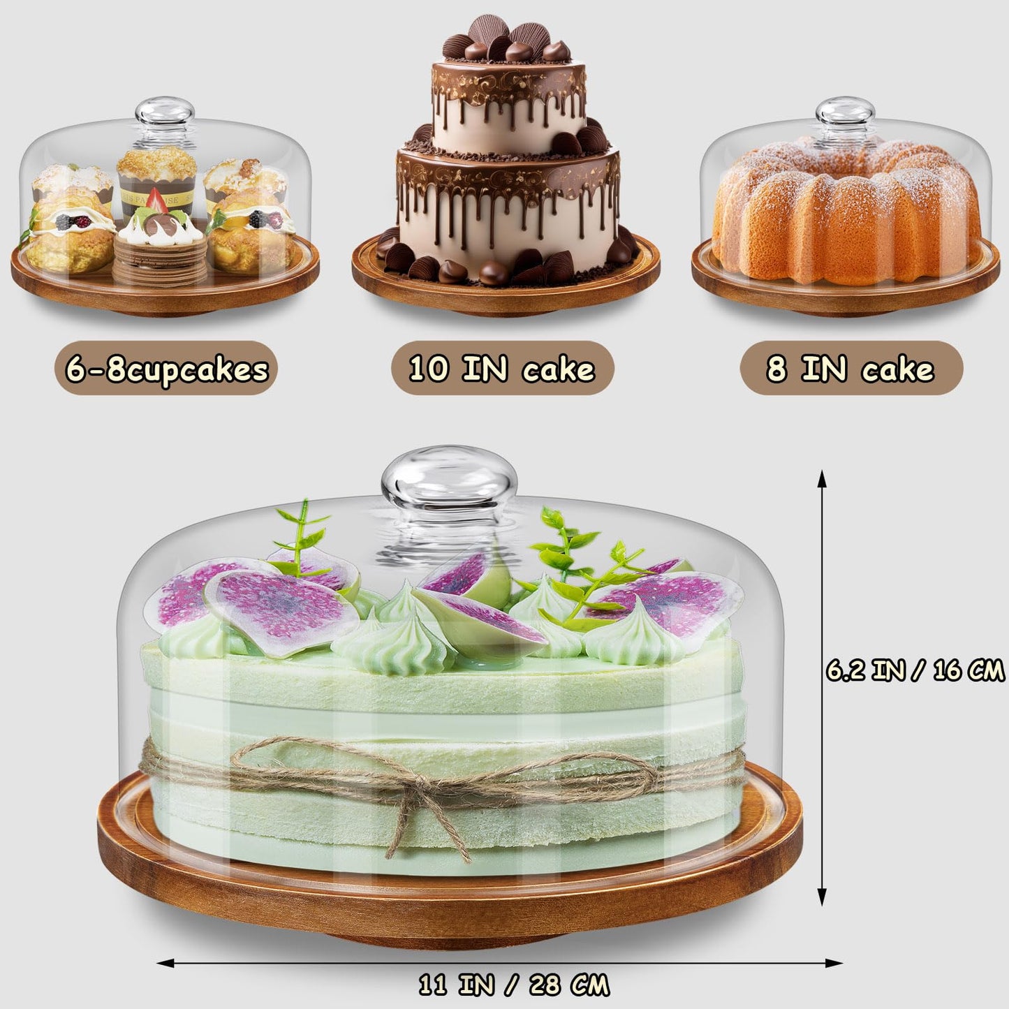 Yangbaga 11IN Wood Cake Stand with Dome Lid, Rotating Cake Stand with Glass Dome- Cake Plate with Cover for Baking Gifts/Birthday Kitchen/Party/Weddings