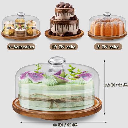 Yangbaga 11IN Wood Cake Stand with Dome Lid, Rotating Cake Stand with Glass Dome- Cake Plate with Cover for Baking Gifts/Birthday Kitchen/Party/Weddings