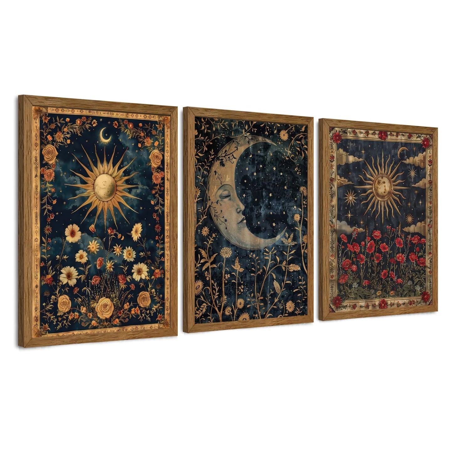 Palette Dreams Set of 3 Wood Framed Wall Art, Sun, Moon and Clouds Theme, Ready to Hang, Fade Resistant, Vibrant Art Prints for Bedroom, Living Room, Hallway, Home Office Decor, 12x16 Inches