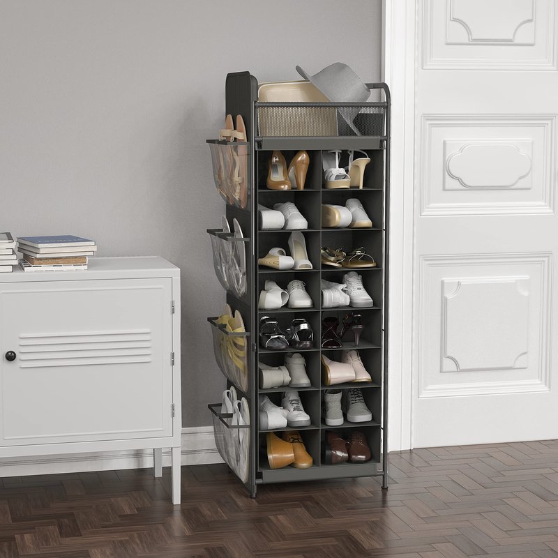 Simple Houseware 16 Cube Shoe Stand Tower Rack 8 Tier with Top Shelf and Side Hanging Pockets, Dark Gray