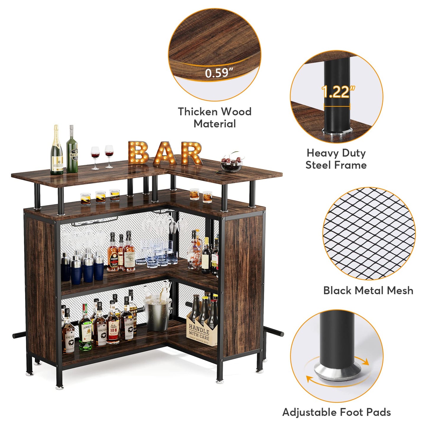 Tribesigns Home Bar Unit, L-Shaped Bar Table with Stemware Racks and 2-Tier Shelves, Corner Mini Coffee Liquor Cabinet with Footrest for Home/Kitchen/Pub, Rustic Brown