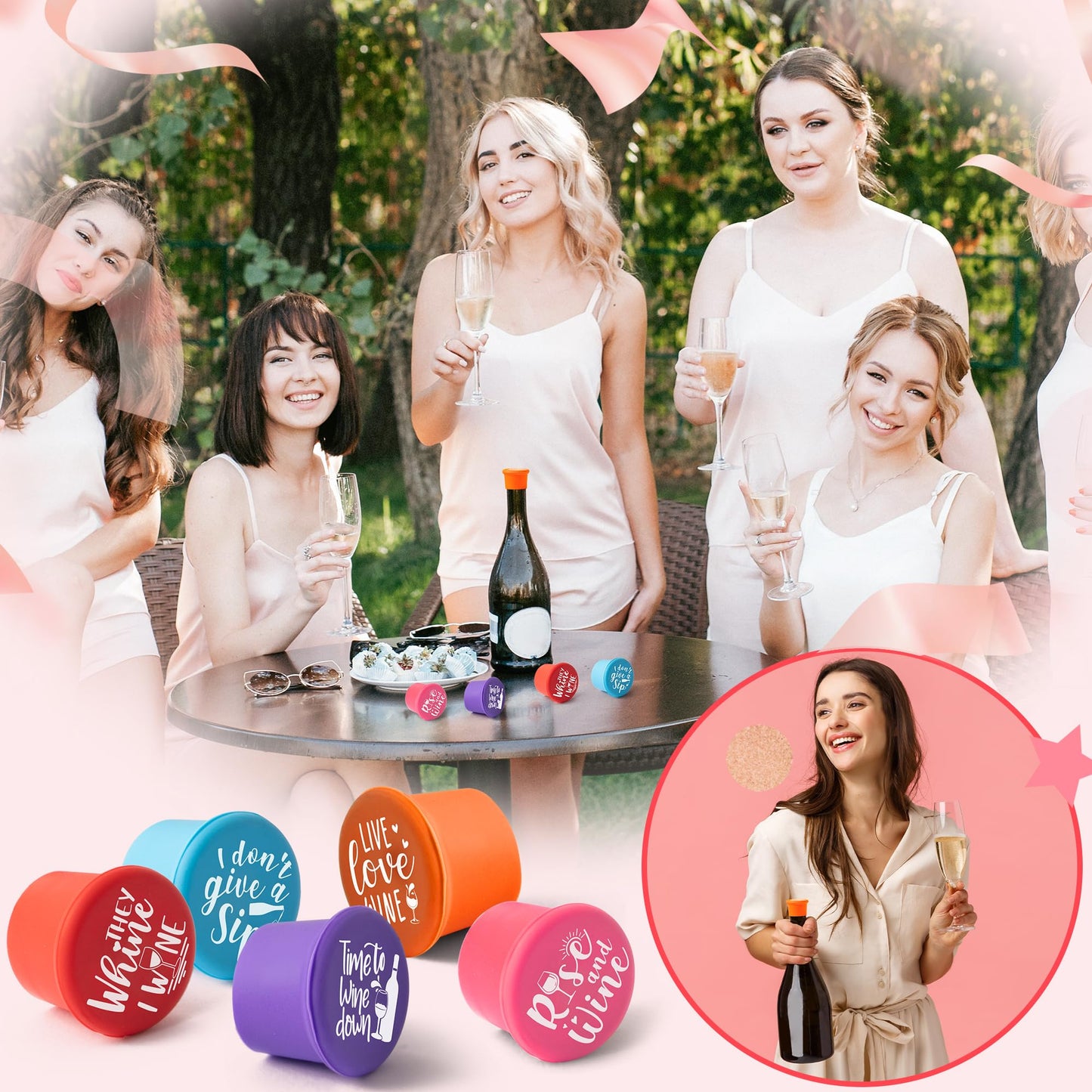 GROBRO7 10Pcs Wine Stoppers Set Funny Live Love Wine Pattern Silicone Bottle Covers Gift for Women, Reusable Beverage Corks Strong Sealing Liquor Accessories for Outdoor Picnic Barbecues Party Bars