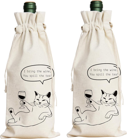 12.9 5.6 Inch Set 2 PurpleEssences Wine Gift Bag Reusable - Natural Cotton Linen Bottle Cover for Weddings