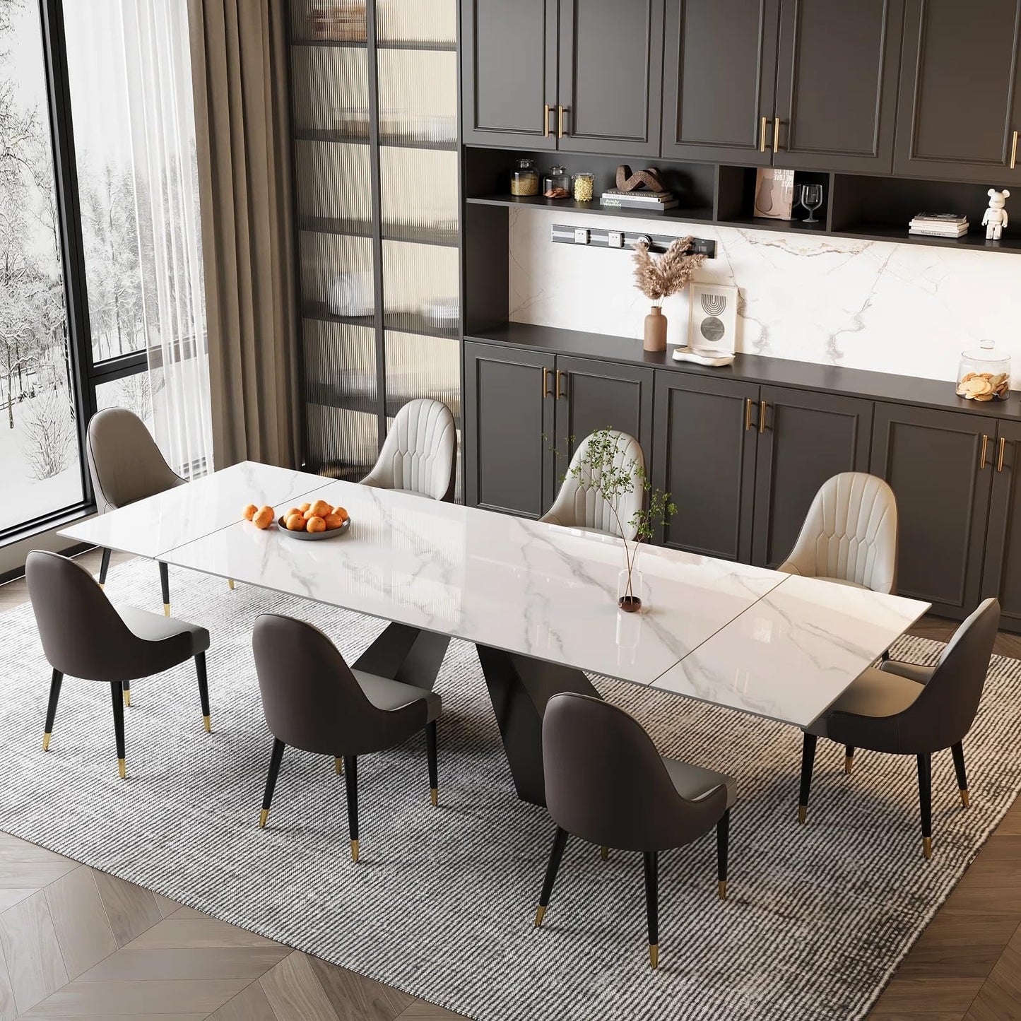 Trroec Marble Expandable Table for 8-12 People, 78.74-110.24 Inch Adjustable Length, Heat Resistant Scratch-Resistant Sintered Stone Table Top for Kitchen Dining Room Family Party