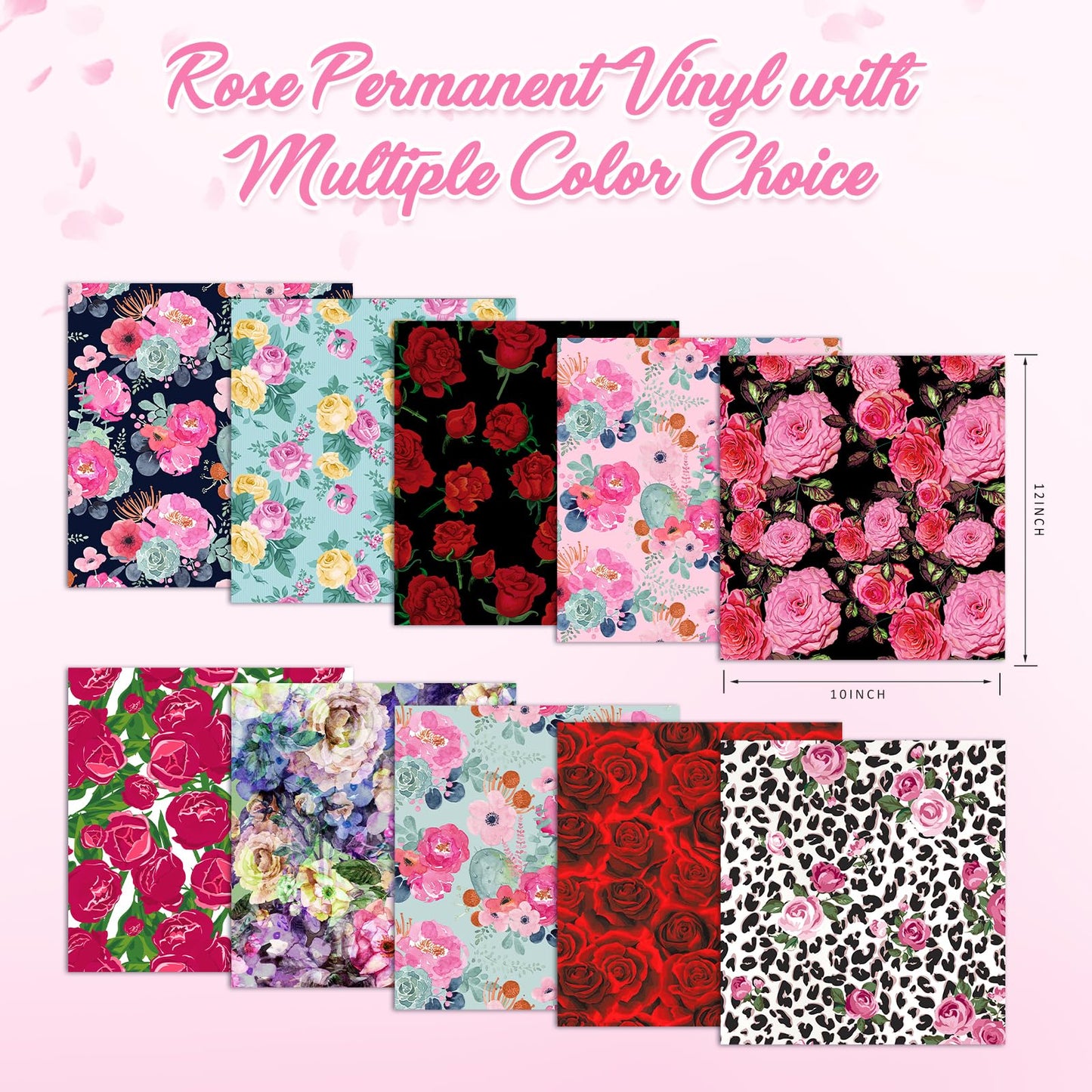 Tintnut Permanent Vinyl - 10 Sheets 12"x10", Flower Permanent Adhesive Vinyl Sheets, Rose Floral Patterned Permanent Adhesive Vinyl for Cutting Machine,Home Decor Self Sticker