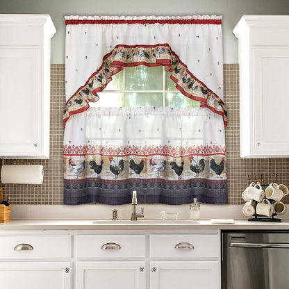 Printed Tier and Swag Window Curtain Set, 57 Inch Width, 36 Inch Length, Rooster, Machine Washable