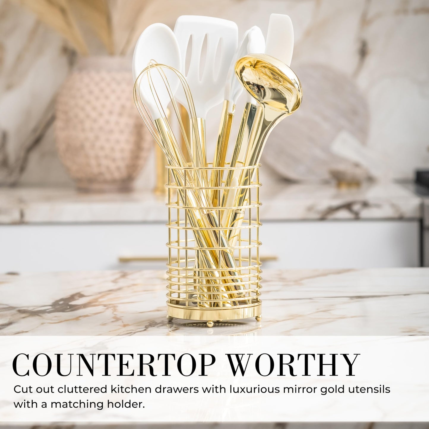 White Silicone and Gold Cooking Utensils Set with Gold Utensil Holder - 7-Piece Silicone Cooking Tools - Ideal for Nonstick Cookware and Stylish Modern Kitchens - Luxury Kitchen Accessories.