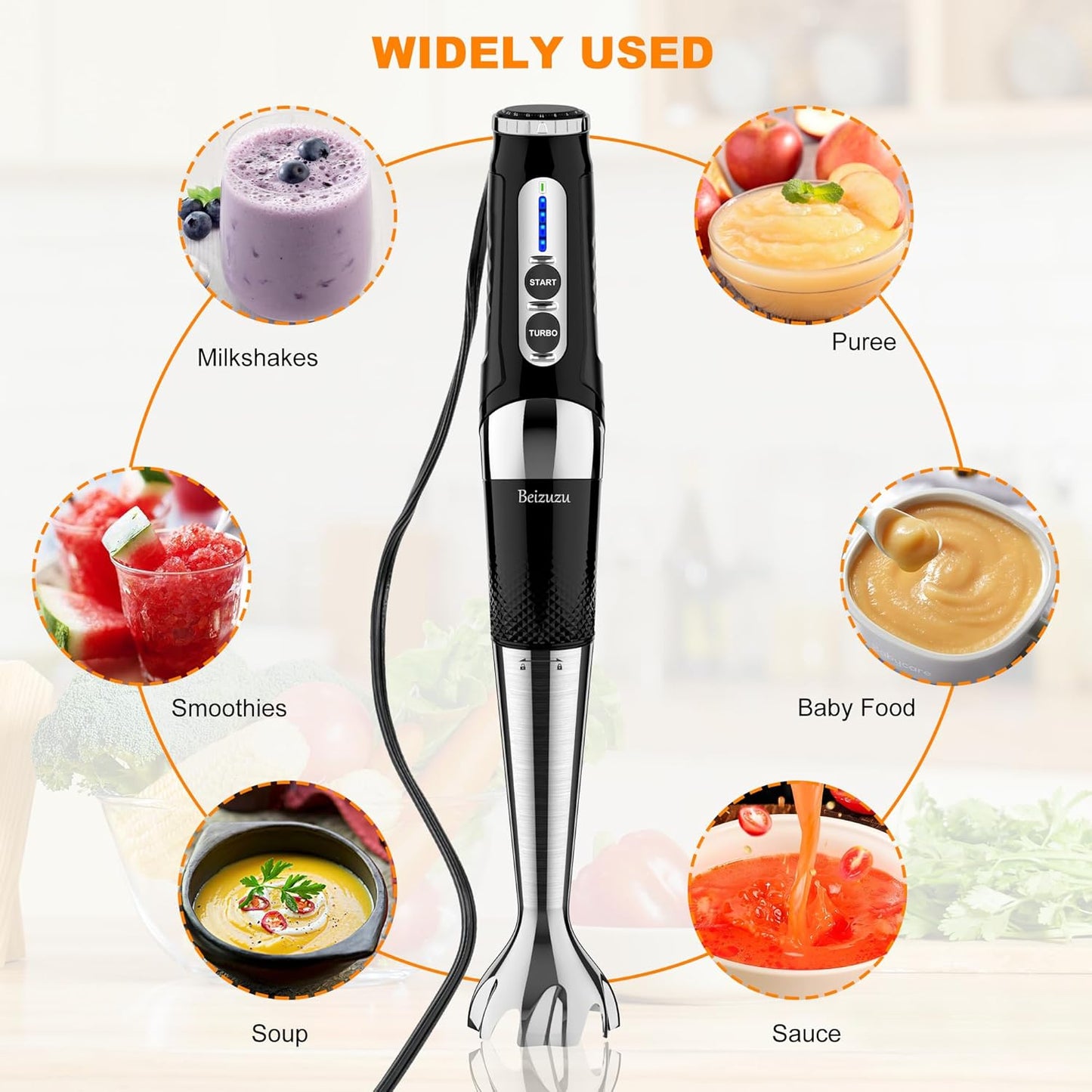 Electric Hand Blender Stick: 3-Angle Adjustable with Variable 21-Speed Control for Milkshakes | Smoothies | Soup |