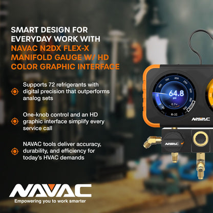 NAVAC N2DX FLEX-X Manifold Gauge Set -HD Color Graphic Interface, Digital Display, A2L Compatible, 72 Refrigerant Support, Rechargeable 100hr Battery, Durable Aluminum Body -Ideal for HVAC Technicians