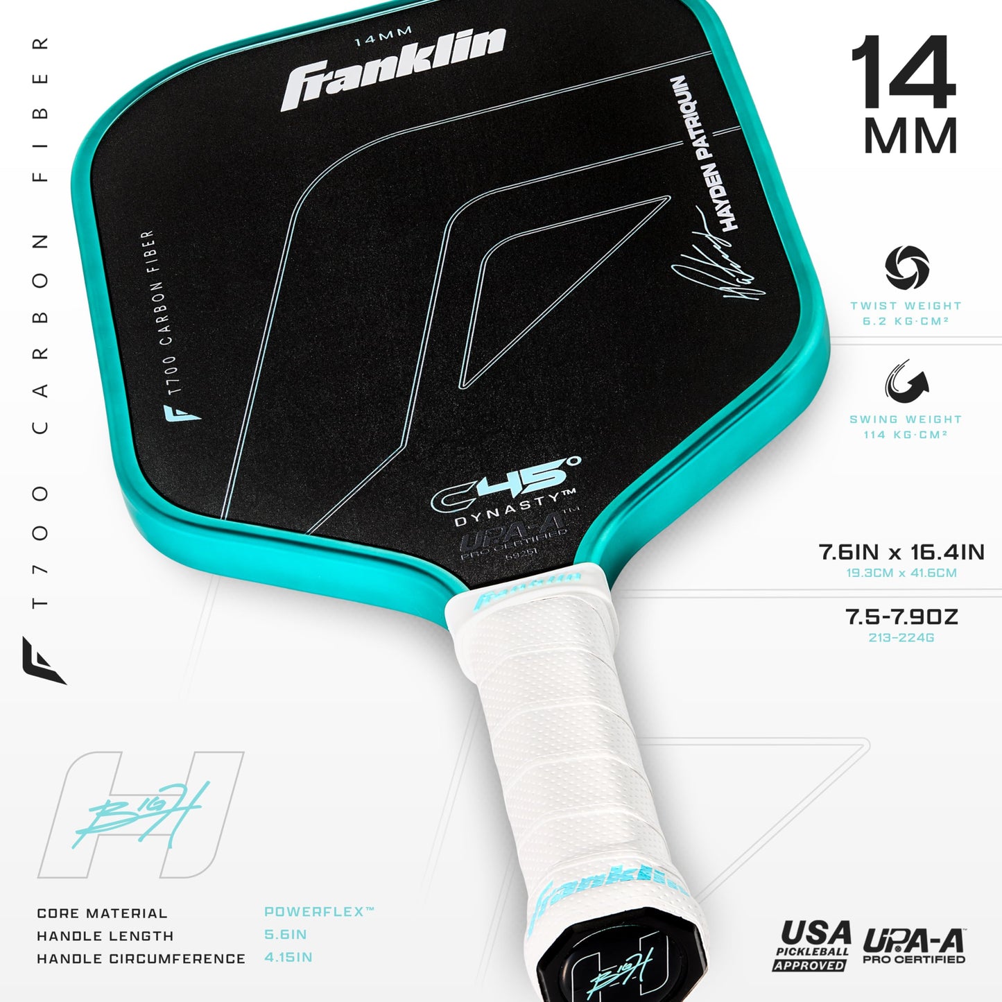 Franklin Sports Pro Pickleball Paddles - Hayden Patriquin C45 Carbon Fiber Series - Official USAP + UPA Approved Pickleball Paddle - Elongated Pro Player Design - 14mm Polymer Core - Laguna