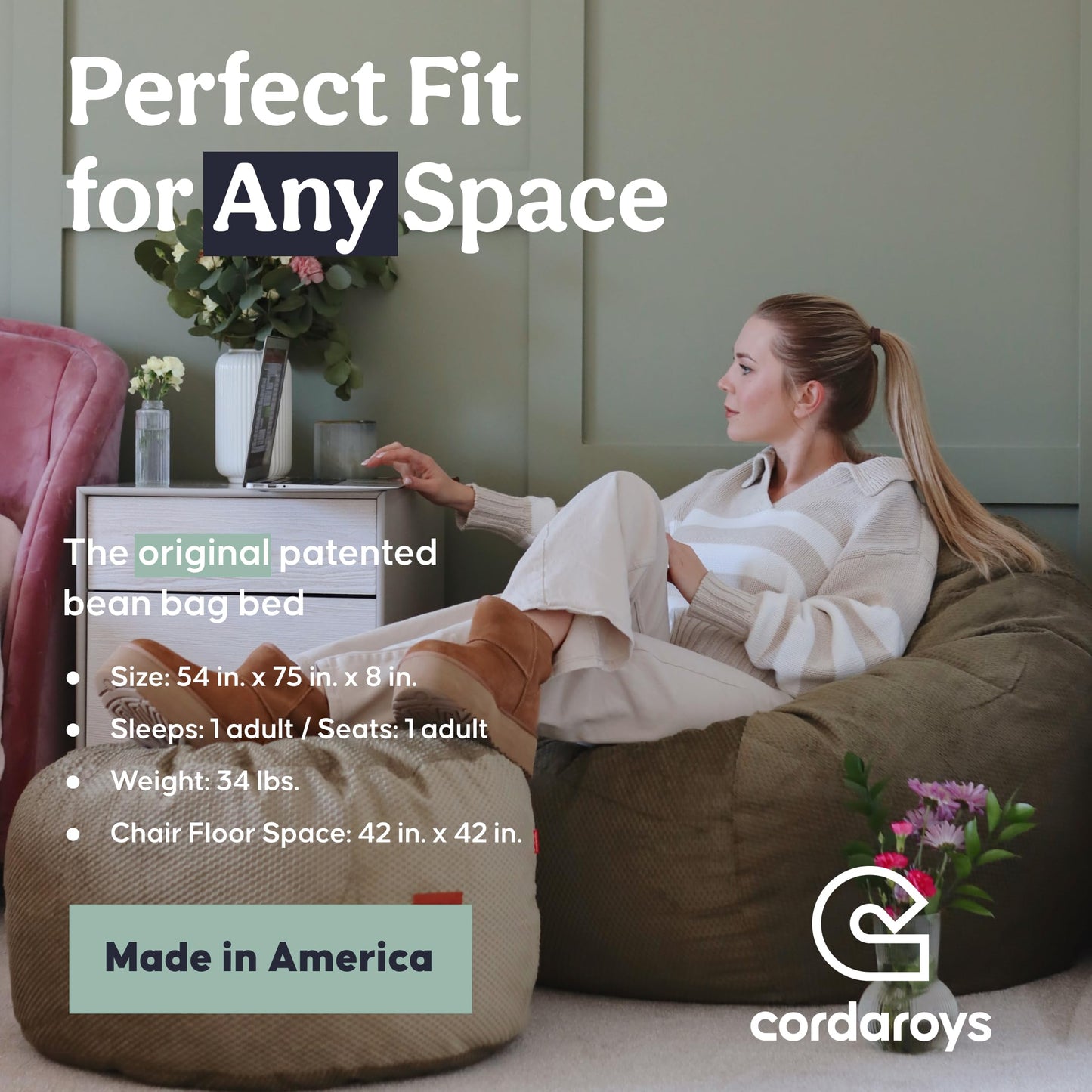 CordaRoy's Chenille Bean Bag Chair, Convertible Chair Folds from Bean Bag to Lounger, As Seen on Shark Tank, Moss - Full Size