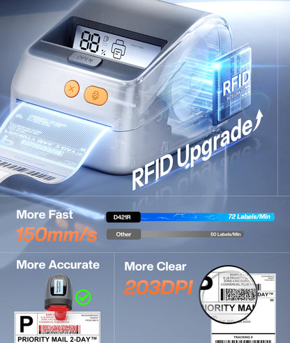 Phomemo D421R Bluetooth Thermal Label Printer with Screen for Paper Level Display - Shipping Label Printer for Small Business, RFID Auto Size Detection 4x6 Thermal Printer with Segmented Code Screen