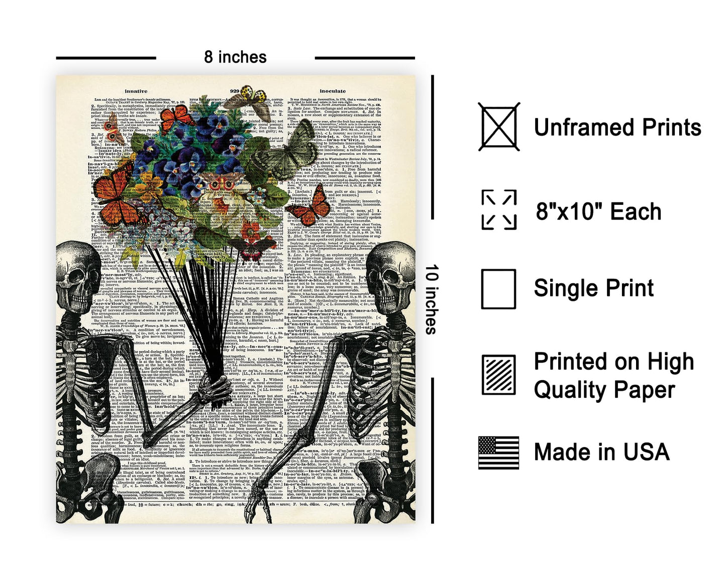 Poster Master Skeleton Couple Print - Flower & Butterfly Poster - Dictionary Art - Romantic Valentine's Day Gift for Him, Her, Lovers - Decor for Living Room, Bedroom - 8x10 UNFRAMED Wall Art