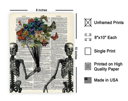Poster Master Skeleton Couple Print - Flower & Butterfly Poster - Dictionary Art - Romantic Valentine's Day Gift for Him, Her, Lovers - Decor for Living Room, Bedroom - 8x10 UNFRAMED Wall Art