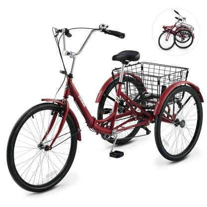 VIRIBUS Folding Tricycle for Adults, 7 Speed Foldable Adult Tricycle with Removable Wheeled Basket, Folding 3 Wheel Bikes for Adults Men Male Seniors 24 inch, Collapsible Trike 330 LB. Red