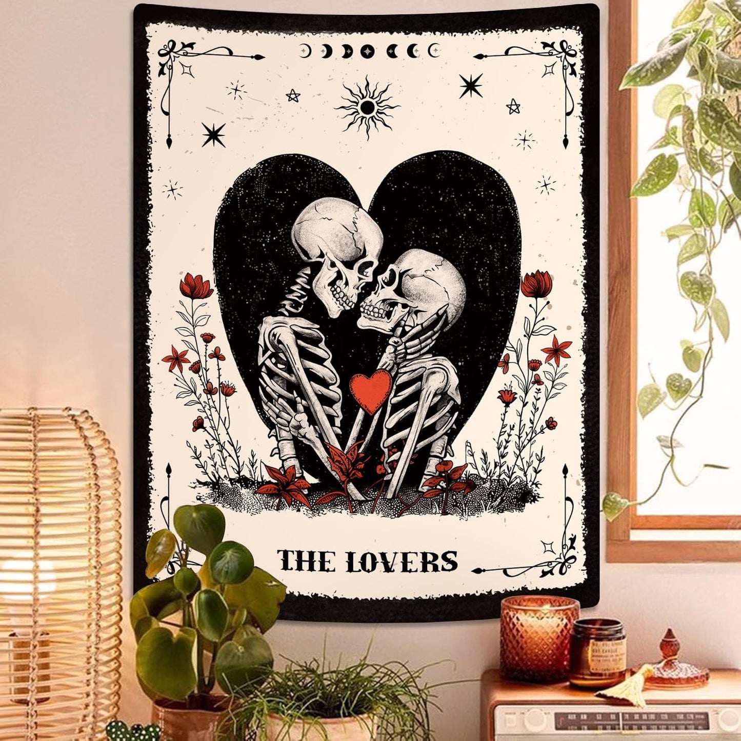 ARTCREATOR The Lovers Skull Tapestry Wall Hanging Black and White Skeleton Tapestries Vertical Witchy Gothic Wall Bedroom Decor for Living Room Bedroom (59" x 78")