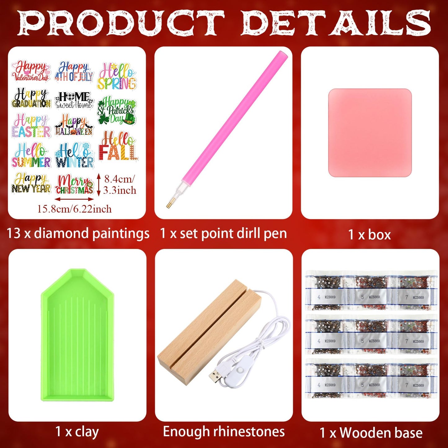 Chunful 13 Pcs Seasonal Diamond Art Tabletop Interchangeable Holiday Diamond Art Painting Kit with Wooden Light Base for 4th of July Summer Table Tiered Tray Home Office Tabletop Centerpiece Decor