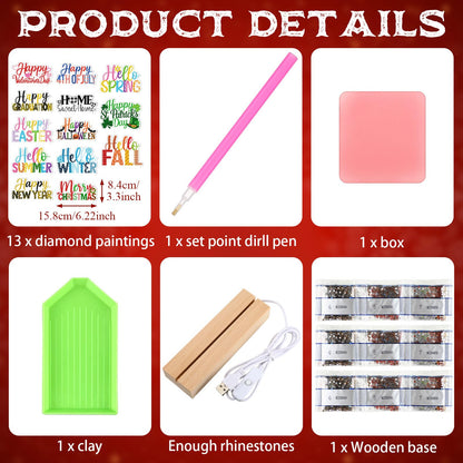 Chunful 13 Pcs Seasonal Diamond Art Tabletop Interchangeable Holiday Diamond Art Painting Kit with Wooden Light Base for 4th of July Summer Table Tiered Tray Home Office Tabletop Centerpiece Decor