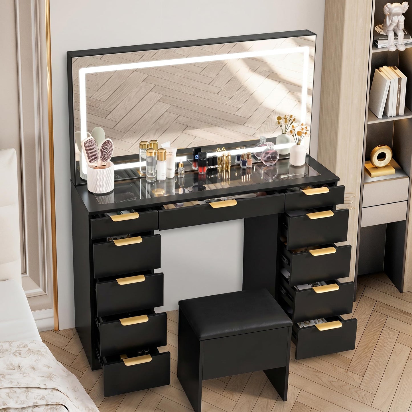 Fkhouse Glass Top Vanity Desk with Mirror and Lights, 11 Drawers Makeup Vanity with Stool, 3 Lighting Modes Dressing Table with Power Outlet, Golden Handles, Black