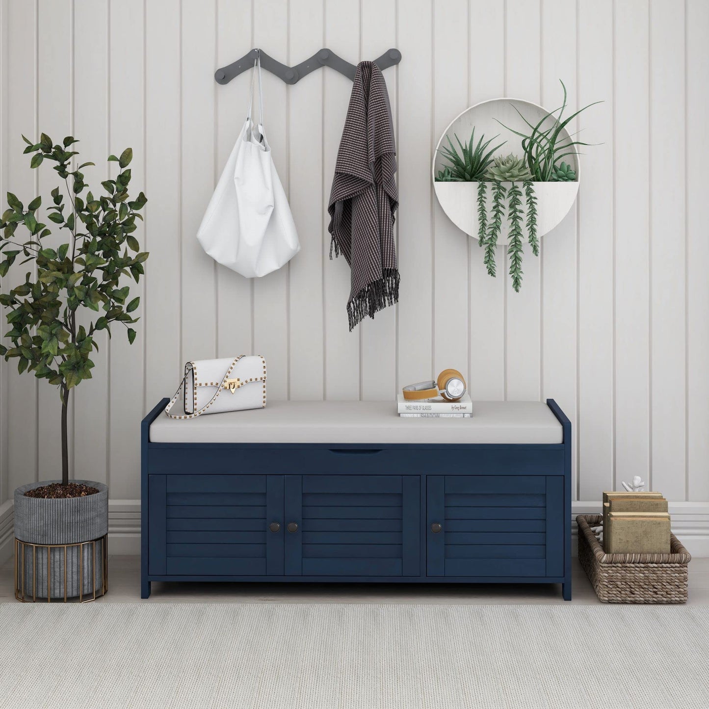 GDFStudio Jasd Storage Bench with 3 Shutter-Shaped Doors, Shoe Bench with Removable Cushion and Hidden Storage Space, Large Organizer Space, Wooden Foot Rest for Living Room Entryway, Antique Navy