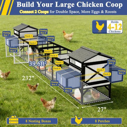 Ketive 116" Large Chicken Coop with Run, Wooden Hen House Outdoor Poultry Cage 28.41 ft² for 4–6 Chickens, 4 Nesting Boxes, 4 Perches, Easy-Clean Slide Out Tray, Expandable Backyard Coop
