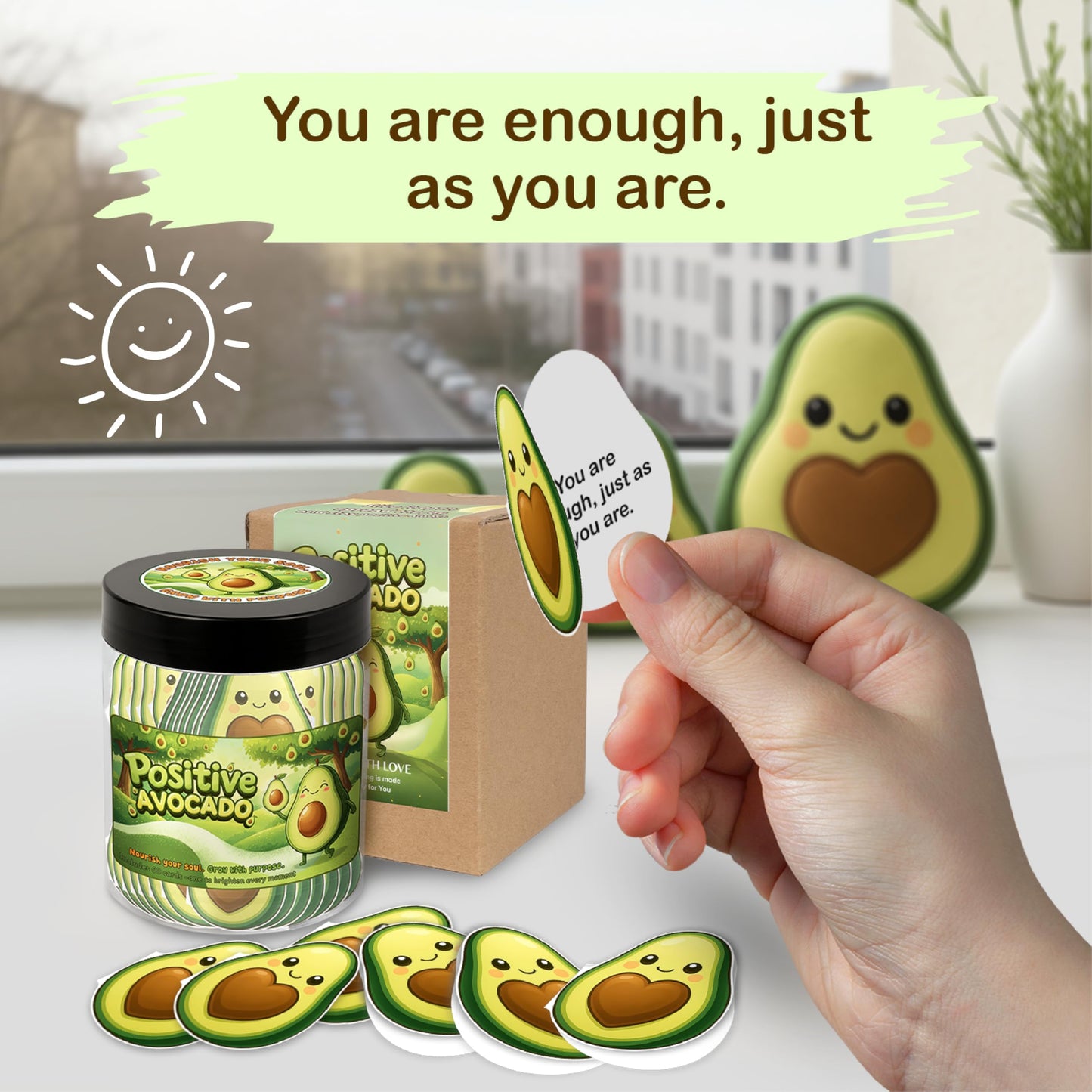 Positive Avocado Jar with 60 Daily Affirmation Cards, Emotional Support Avocado Decor, Gift for Women and Teens, Inspirational Mental Health Jar for Friends Seeking Good Luck and Encouragement