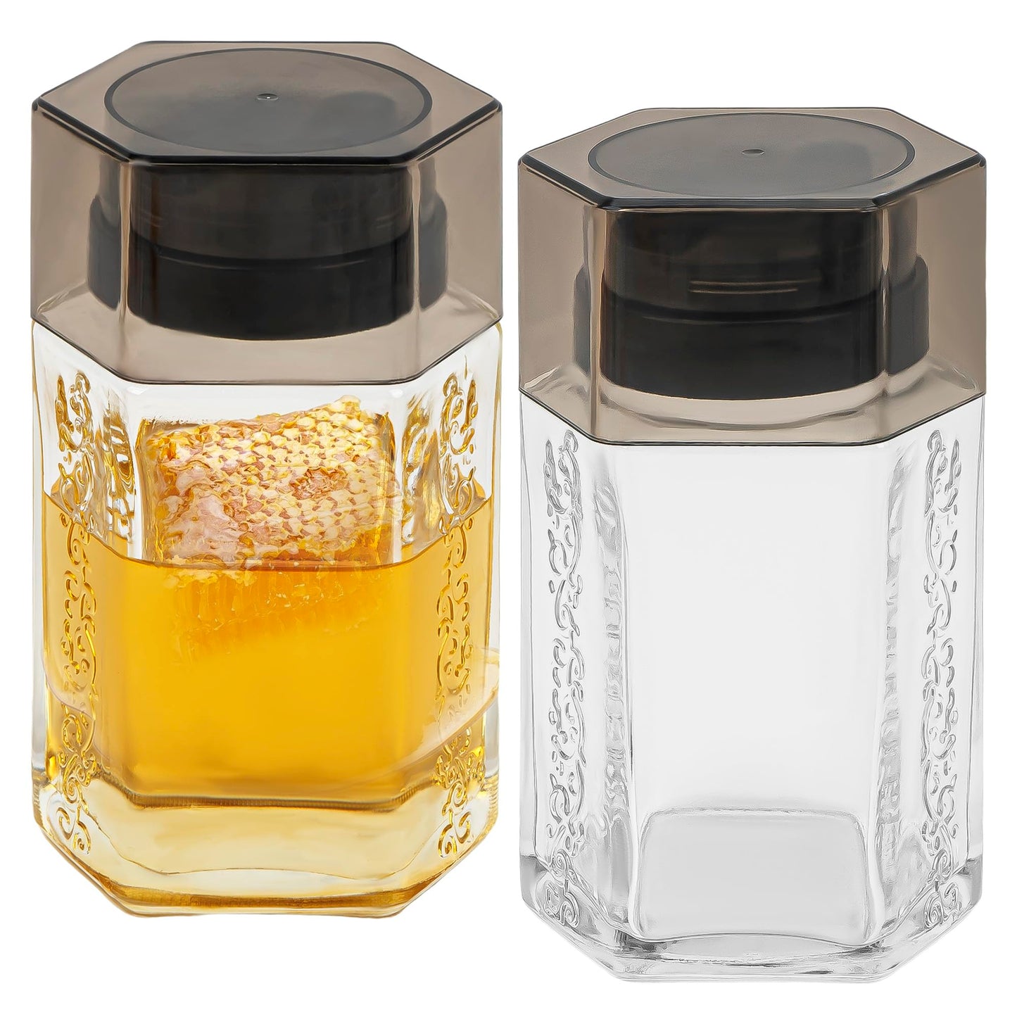 DODAMOUR 2 Pack Glass Honey Dispenser, Hexagonal Syrup Dispenser for Coffee Bar, No-Drip Honey Pot Container with Stand, Oil Vinegar Cruet for Kitchen, Pancakes, Waffles (12oz/360ml)