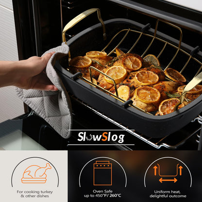 Slow Slog Roasting Pan, 17 Inch x 13 Inch Roaster with Removable Rack, Nonstick Roaster Pan for Roasting Turkey, Meat & Vegetables (Gold)