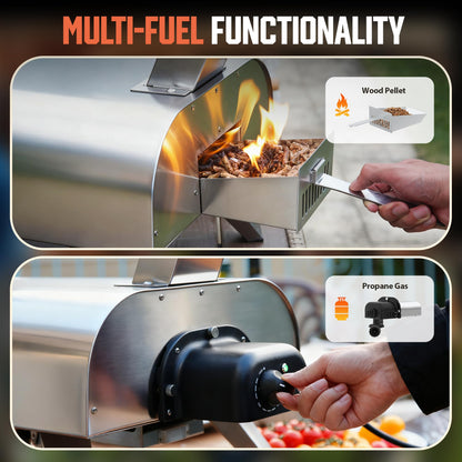 BIG HORN OUTDOORS 12" Multi-Fuel Pizza Oven, Portable Outdoor Pizza Oven, Wood Fired & Propane Gas, Pellet Pizza Maker with Pizza Stone