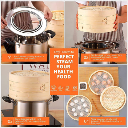 Handmade 8 Inch Bamboo Steamer Basket with Reusable Cotton Liners, 2 Tier Traditional Dumpling Food Steamer