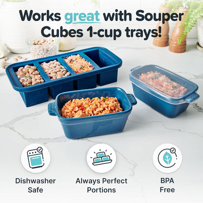 Souper Cubes Stoneware Baking Dish - Small 5" x 3" Ceramic Set of 4 with Silicone Covers | Blueberry Color