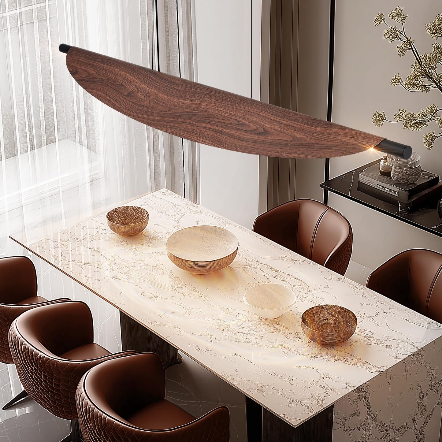 Waikmdv Pendant Lights 47.2In Dimmable Wood Grain Linear Pendant Light LED Kitchen Chandelier Hanging Light Fixture for Dining Room Kitchen Island